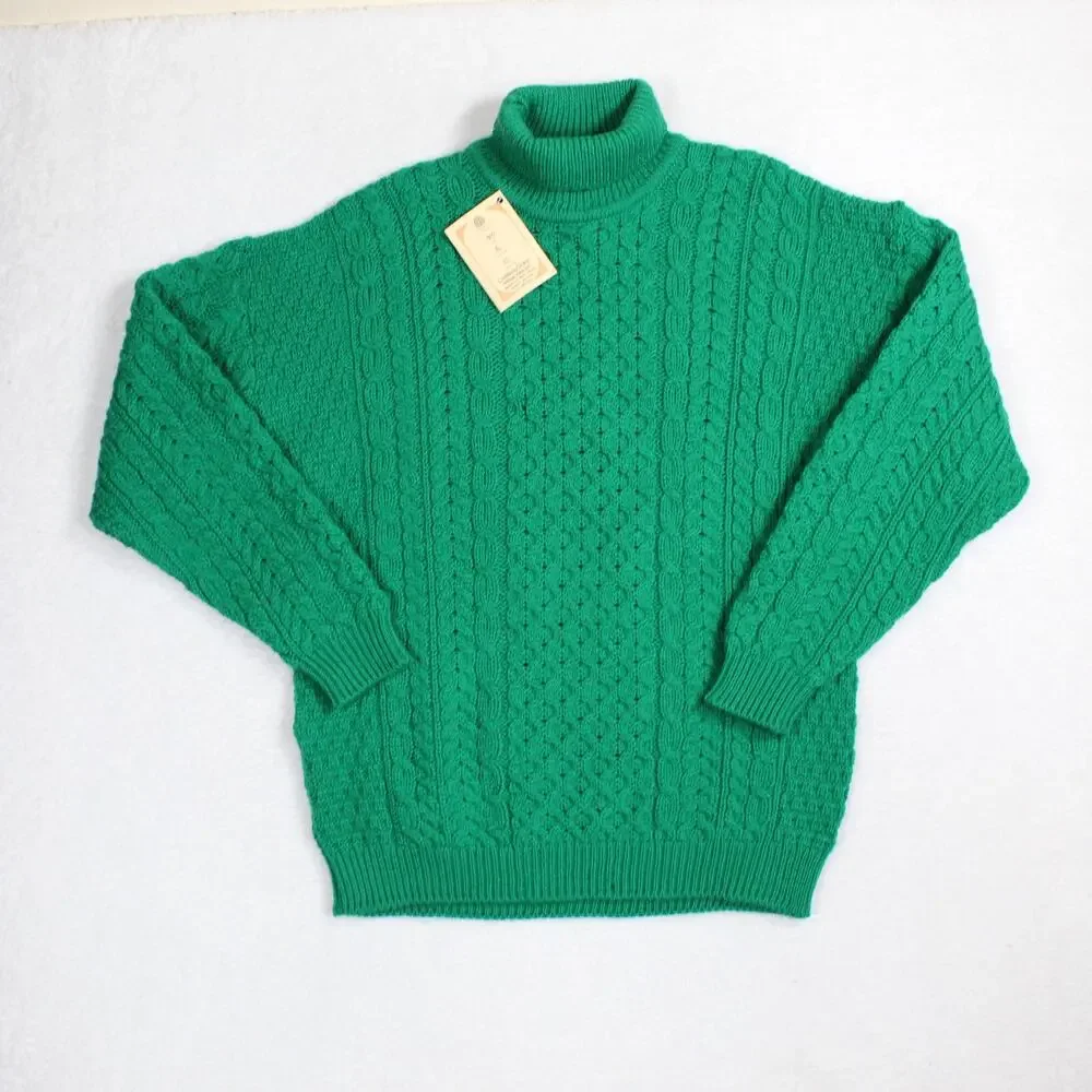 Carraig Donn Irish Wool Sweater Mens XL Green Cable Knit Turtleneck St Patricks - Picture 1 of 8